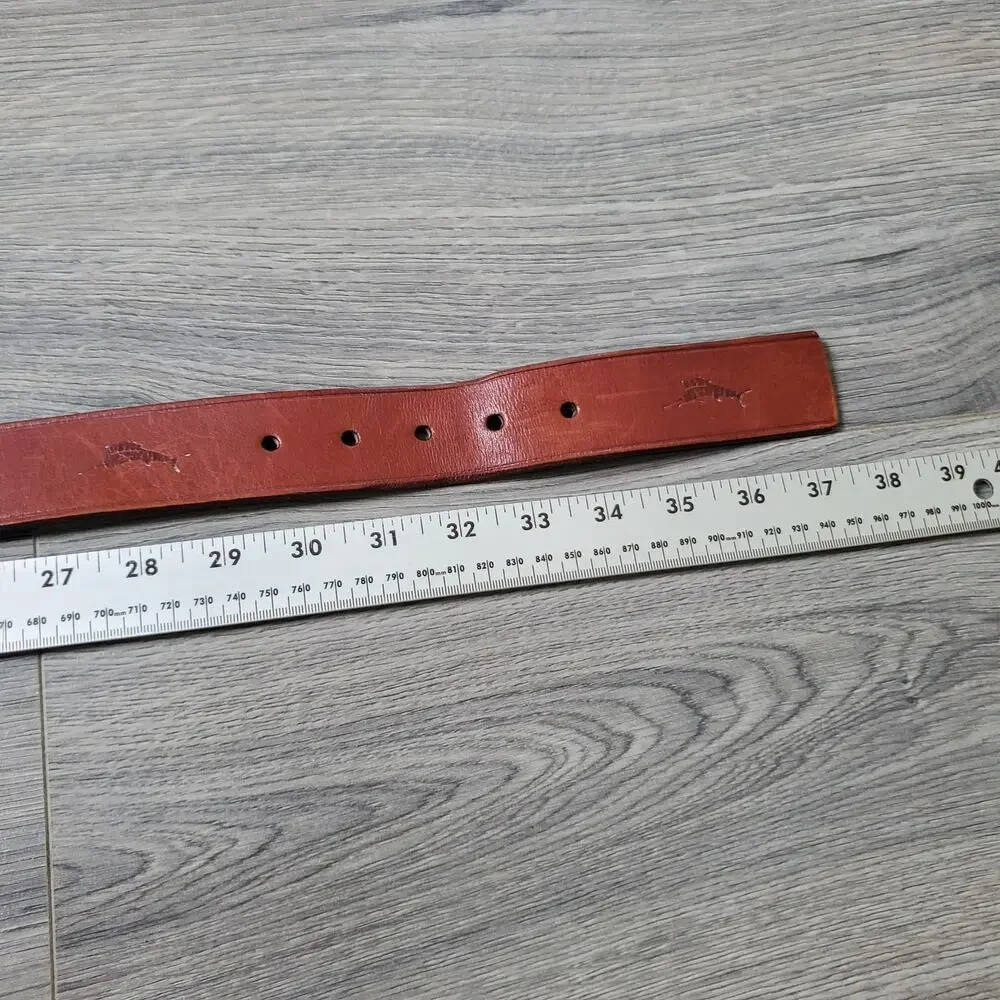 Tommy Bahama Belt Mens 32 Brown Leather Marlin Brass Buckle Genuine Top Grain